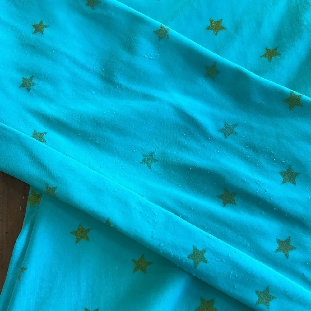 Mini Boden teal gold Star zip front long sleeve one piece rash guard swim suit